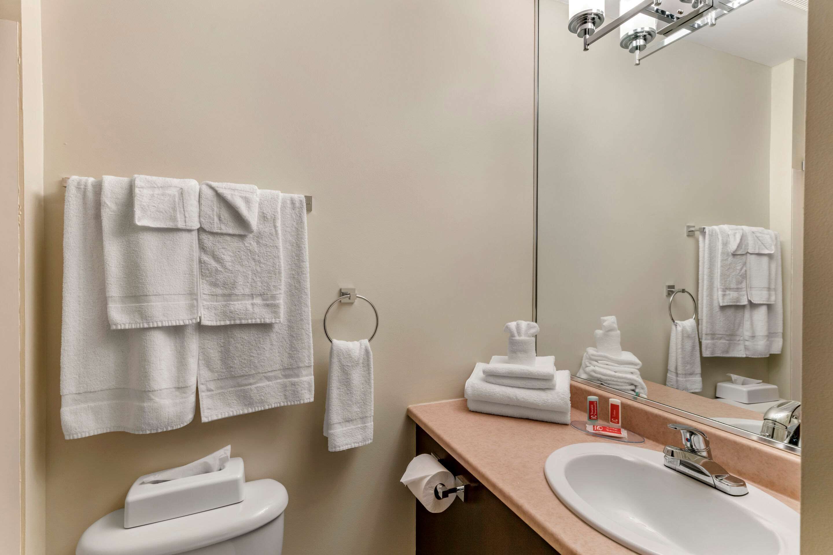 Un baño con inodoro, lavamanos y espejo. Hay toallas colgadas en la pared y un perchero.