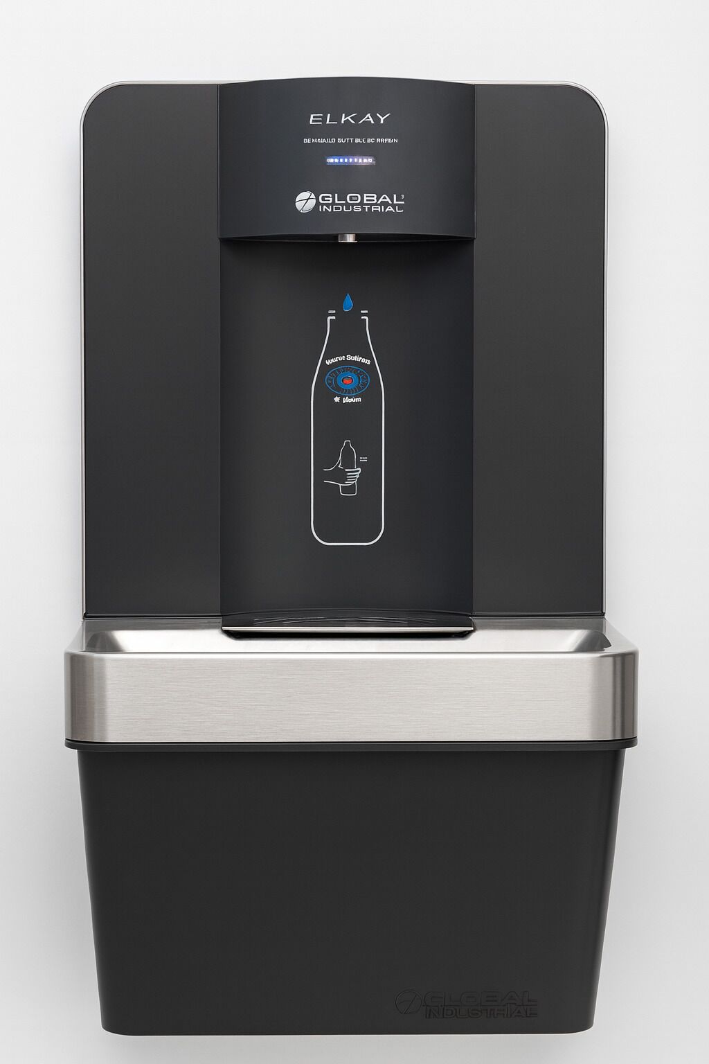 A black water dispenser with a digital interface, branded with 'ELKAY' and 'GLOBAL INDUSTRIAL.'