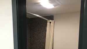A bathroom with a bathtub, toilet, and a shower curtain.