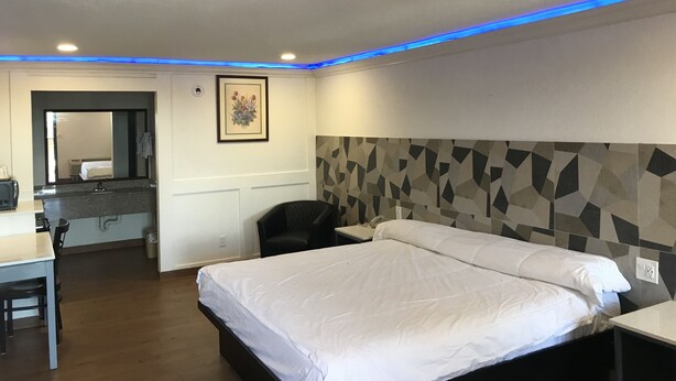 A hotel room with a bed, a desk, a chair, a mirror, and a wall with a geometric pattern.