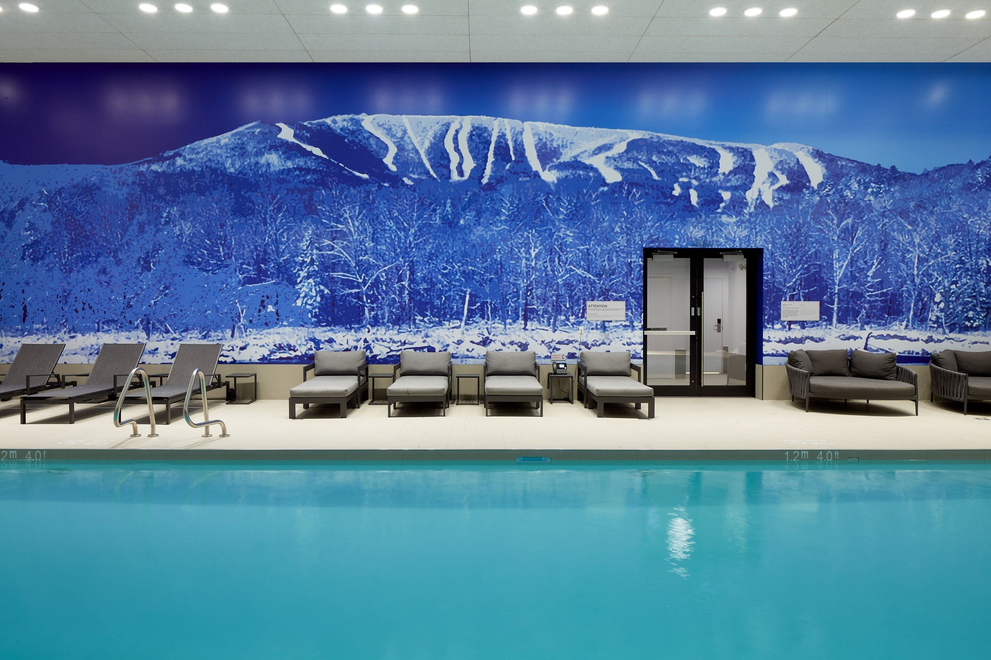 Zona de piscina con sillones de descanso y un mural de un paisaje montañoso nevado.