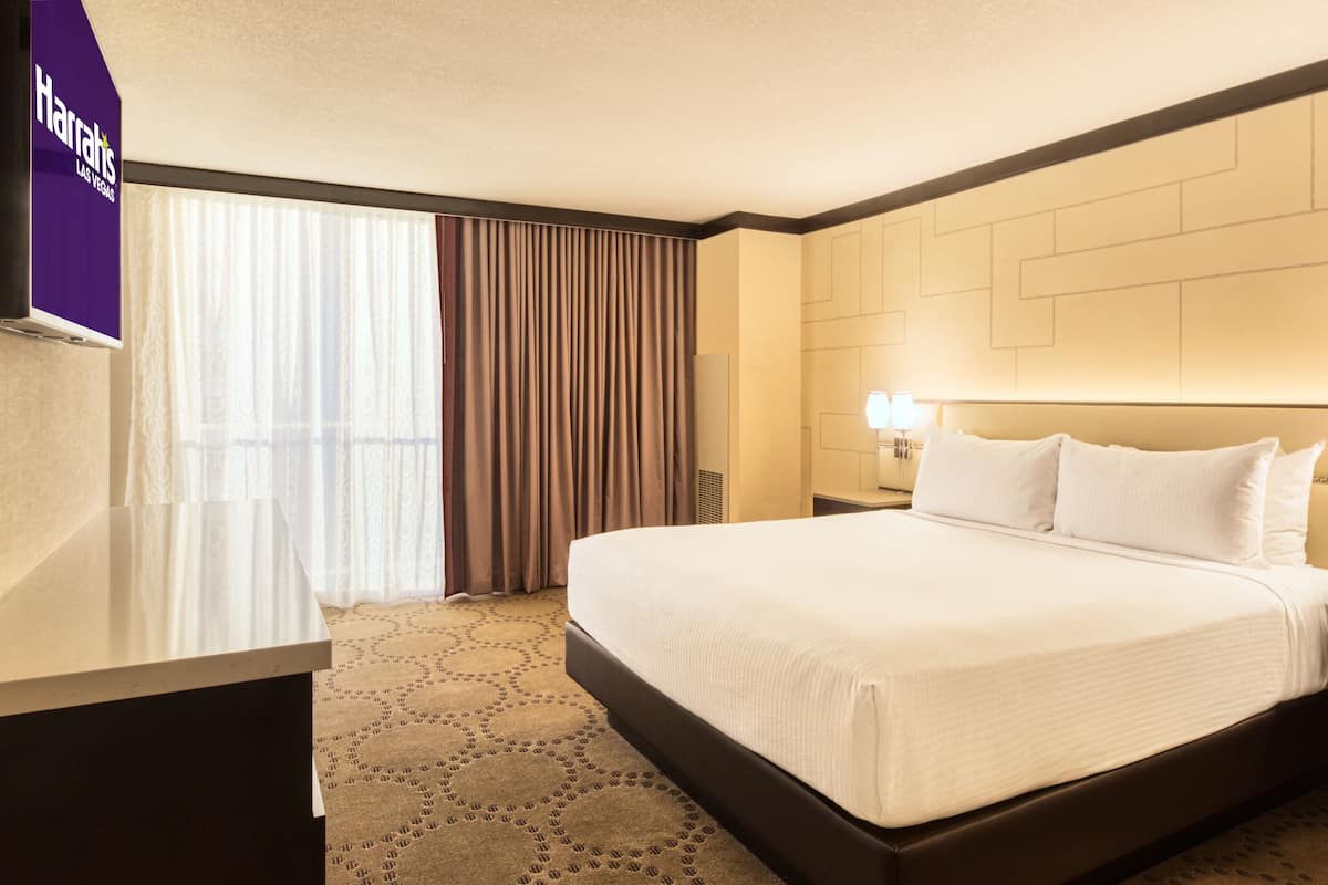 A hotel room with a large bed, a desk, and a view of the city.