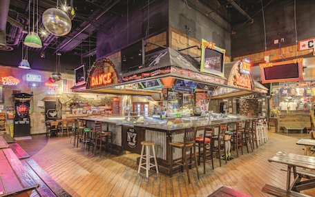 A bar area with a wooden bar counter, stools, and neon signs.