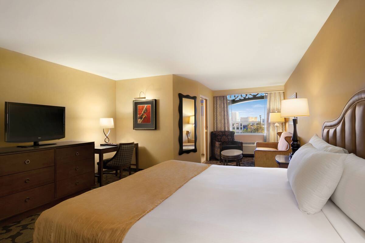 Habitación de hotel con una cama grande, televisión, escritorio con silla, ventana con vistas y una lámpara.