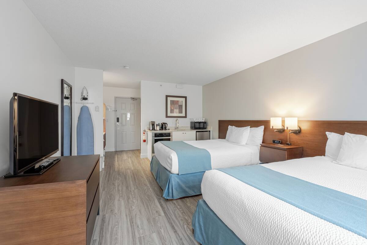 Room, 2 Queen Beds, Kitchenette | Premium bedding, in-room safe, desk, blackout drapes