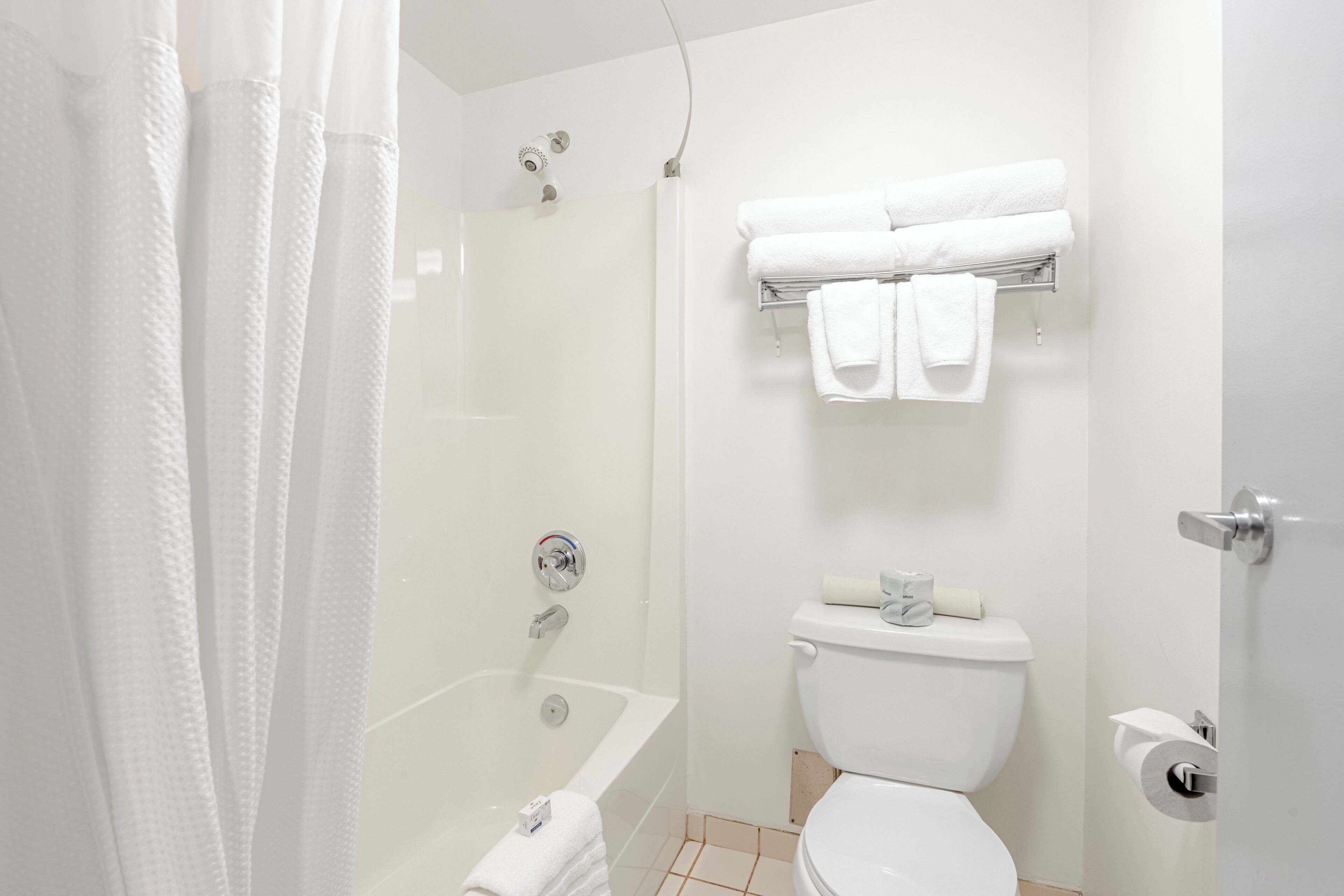 Combined shower/tub, free toiletries, hair dryer, towels
