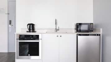 Coffee/tea maker, fridge, microwave, freezer