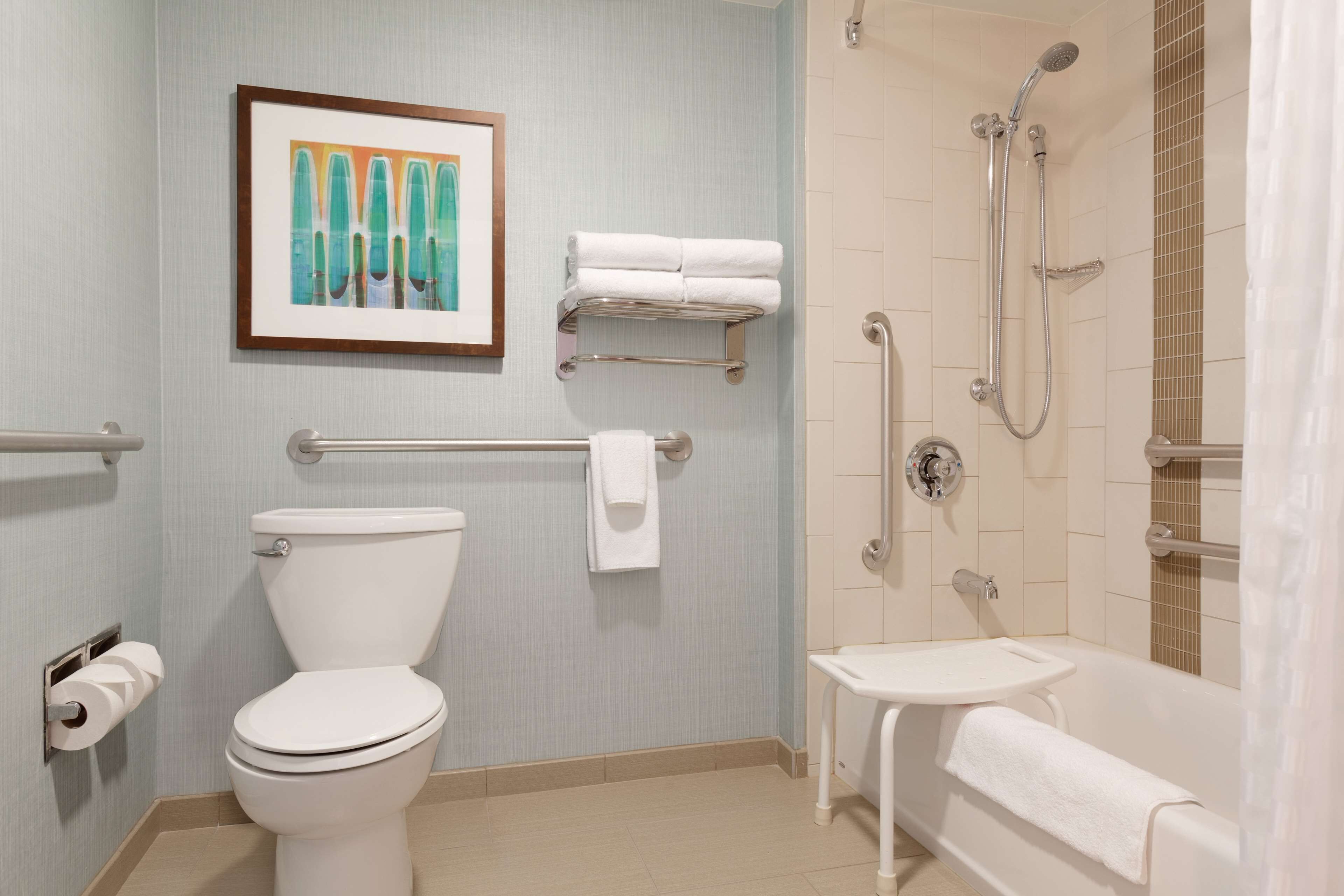 Un baño con inodoro, lavamanos, ducha y un cuadro en la pared.