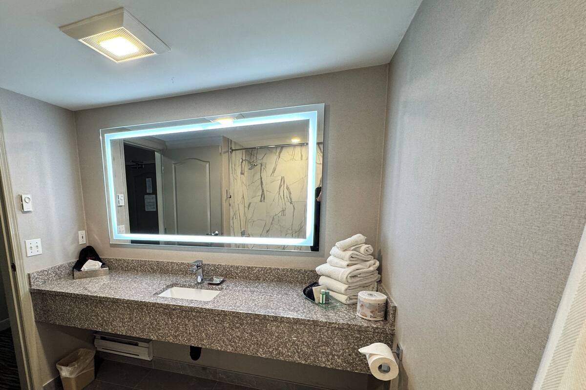 Un baño moderno con encimera de granito, un espejo grande, un inodoro y un perchero para toallas.