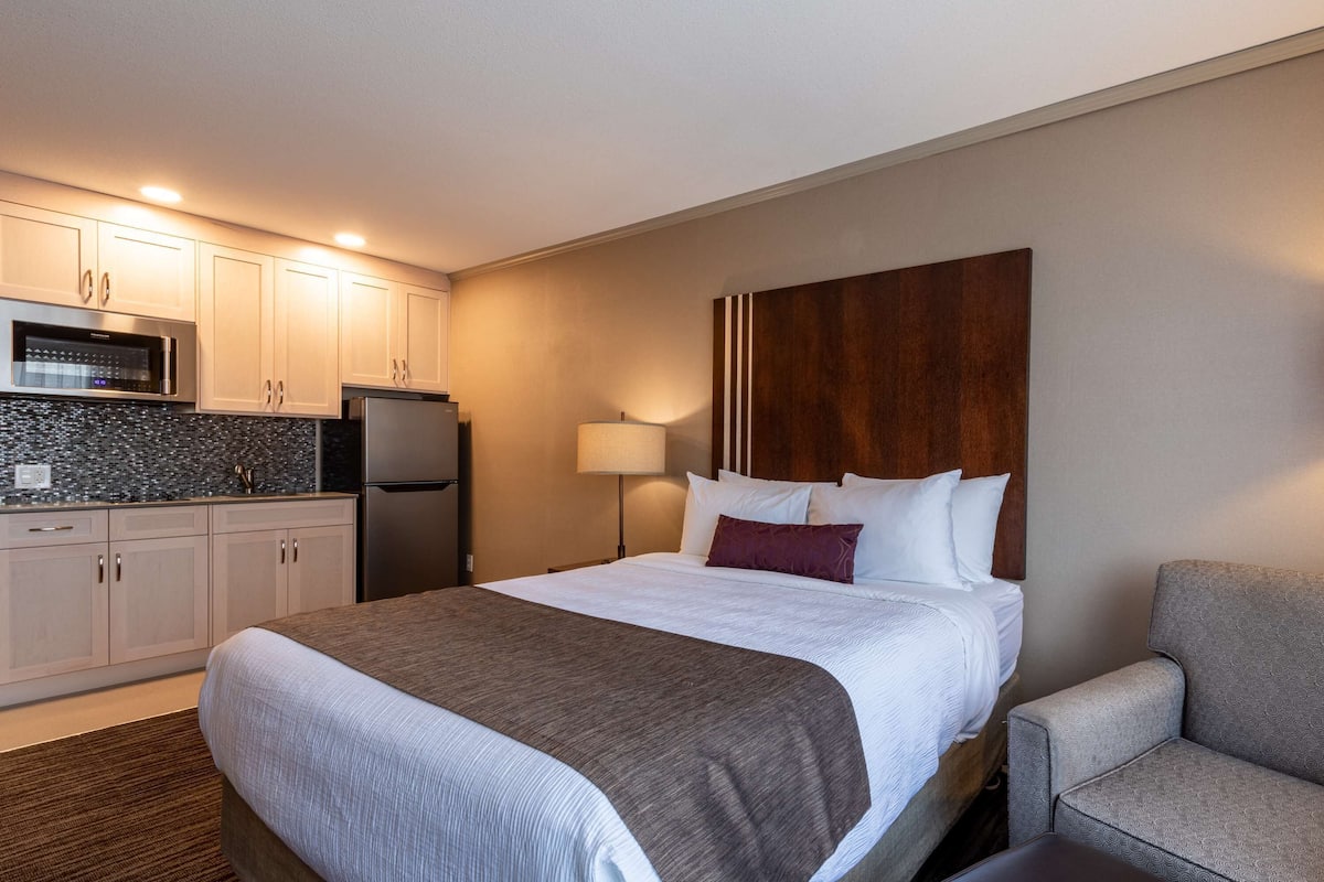 Escritorio, cortinas blackout y tabla de planchar con plancha