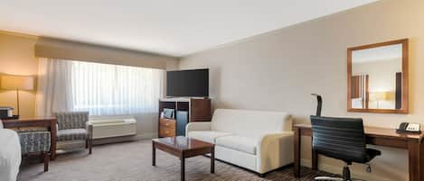 Een hotelkamer met een bank, fauteuil, bureau, stoel, televisie en een spiegel.