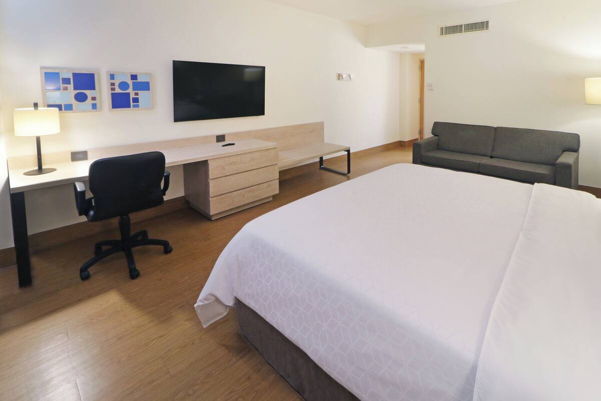 Una habitación de hotel con cama, escritorio con silla, televisor y sofá.