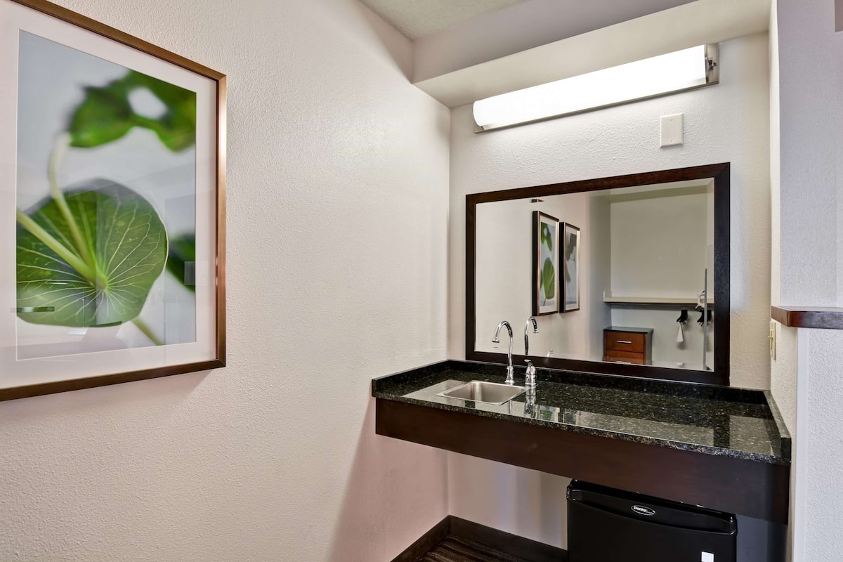 Une salle de bain avec un lavabo en granit, un miroir et une plante décorative dans un cadre.