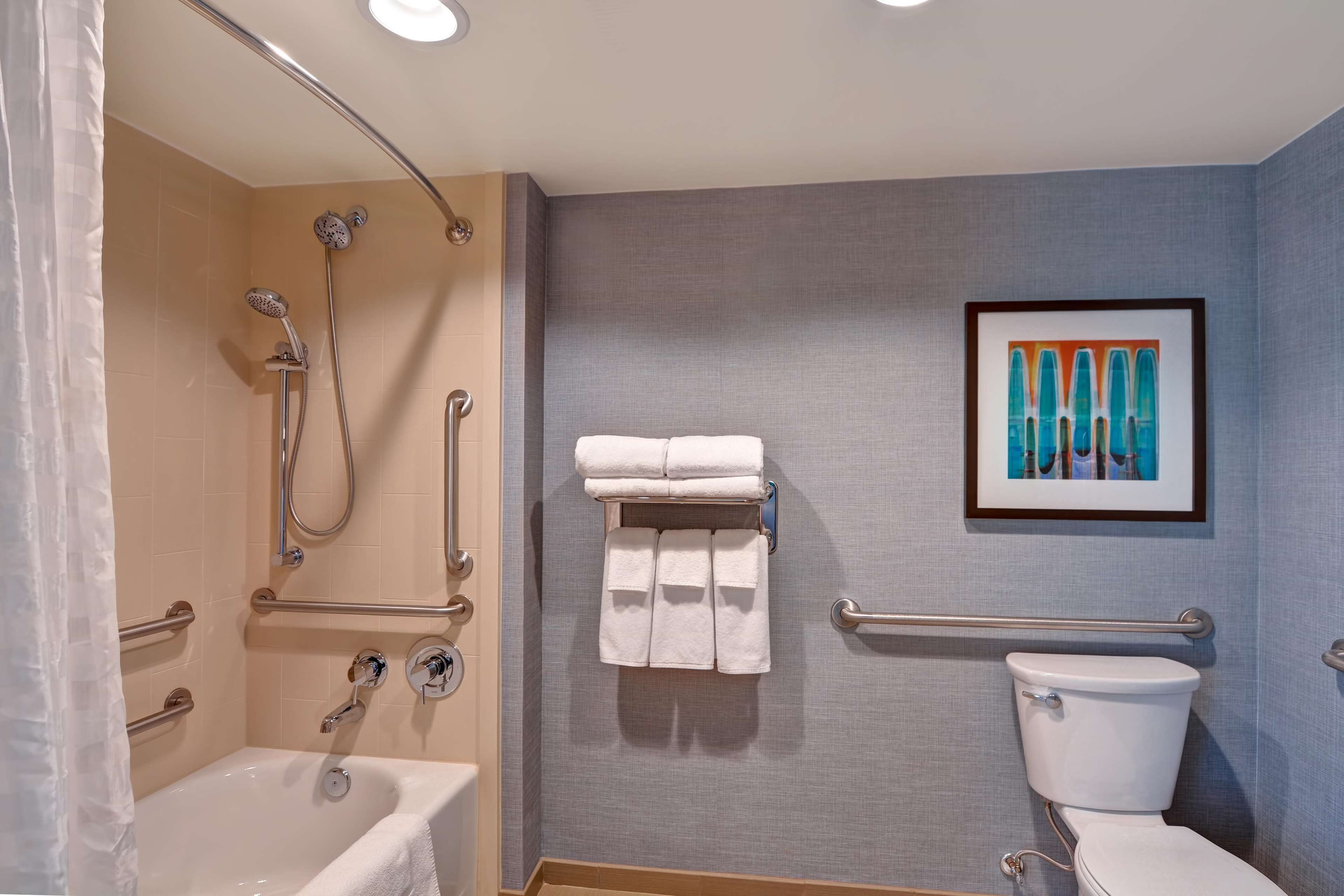 A bathroom with a bathtub, shower, toilet, and handrails.