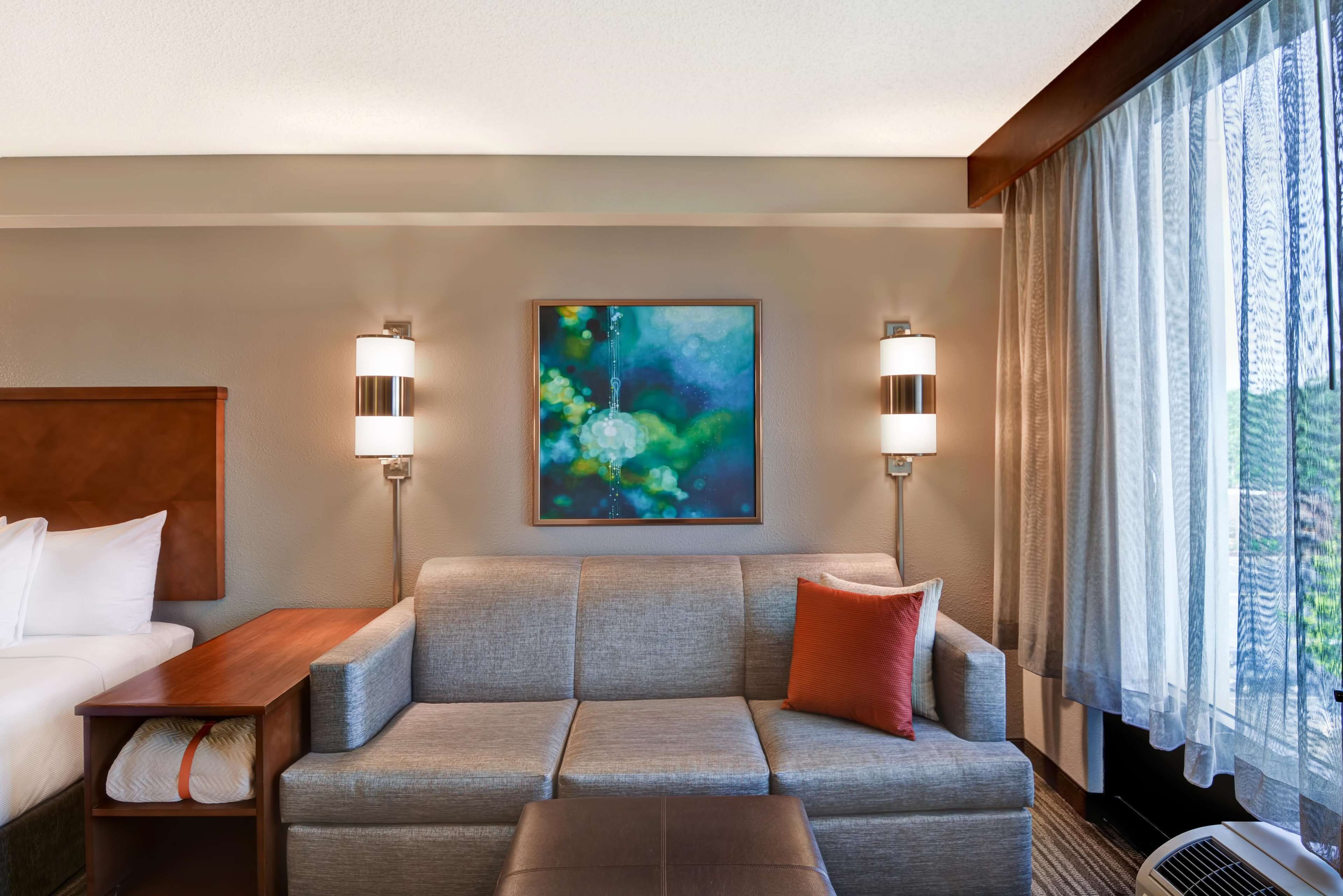 premium bedding, desk, laptop workspace, blackout curtains