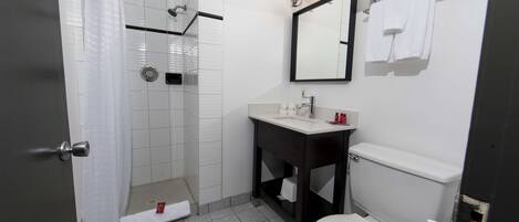 Un baño con ducha, inodoro, lavamanos y un espejo con iluminación.