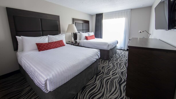 A hotel room with two beds, a large flat-screen TV, a desk, and a zebra-patterned carpet.