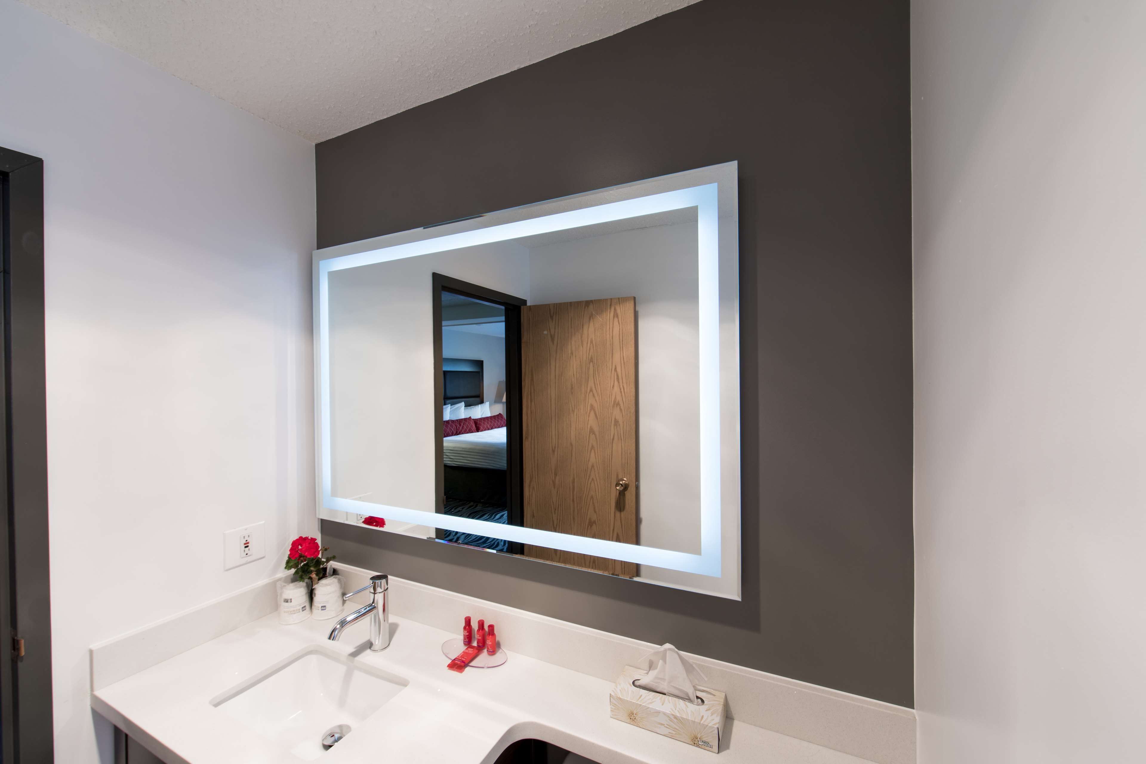 Un baño moderno con un espejo grande, dos lavamanos y una puerta de madera visible en el reflejo.