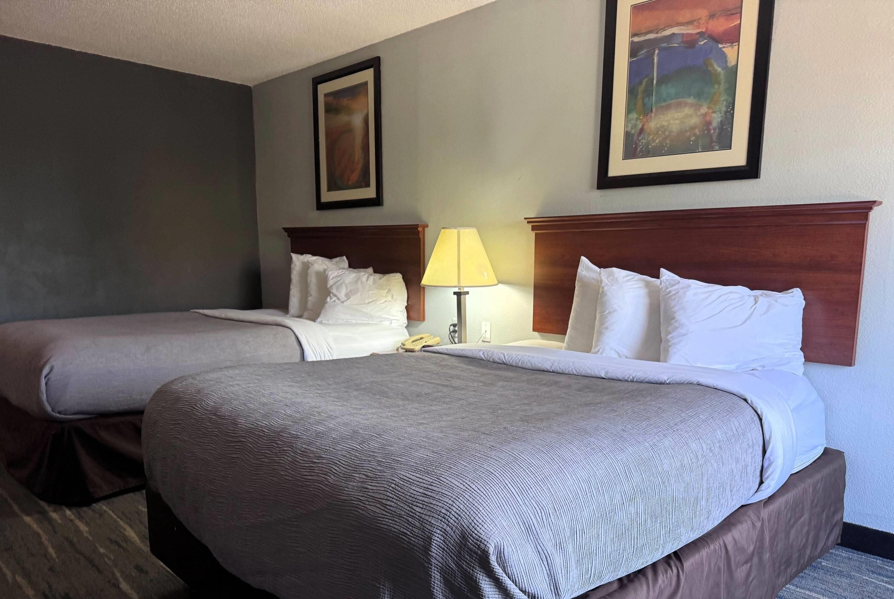 Habitación de hotel con dos camas, una mesita de noche con lámpara y dos cuadros en la pared.