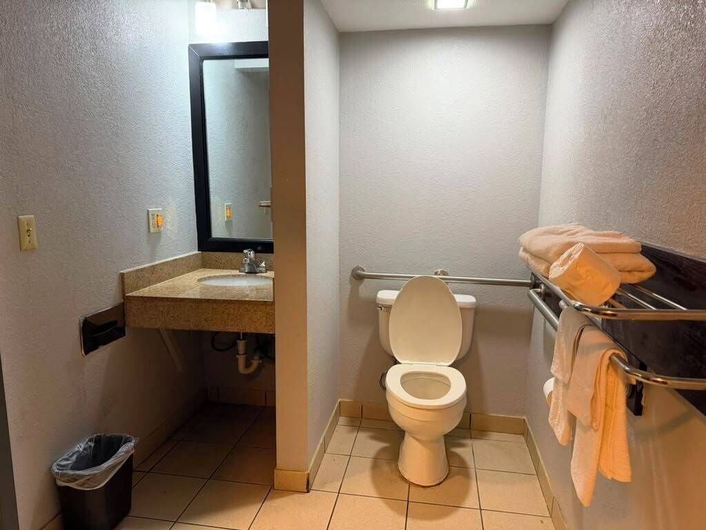 Un bagno piccolo con il water, un lavandino e un portasciugamani.