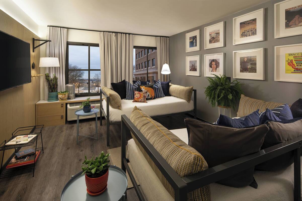 A modern hotel room with a sofa set, a small table with a plant, a TV, and framed pictures on the wall.