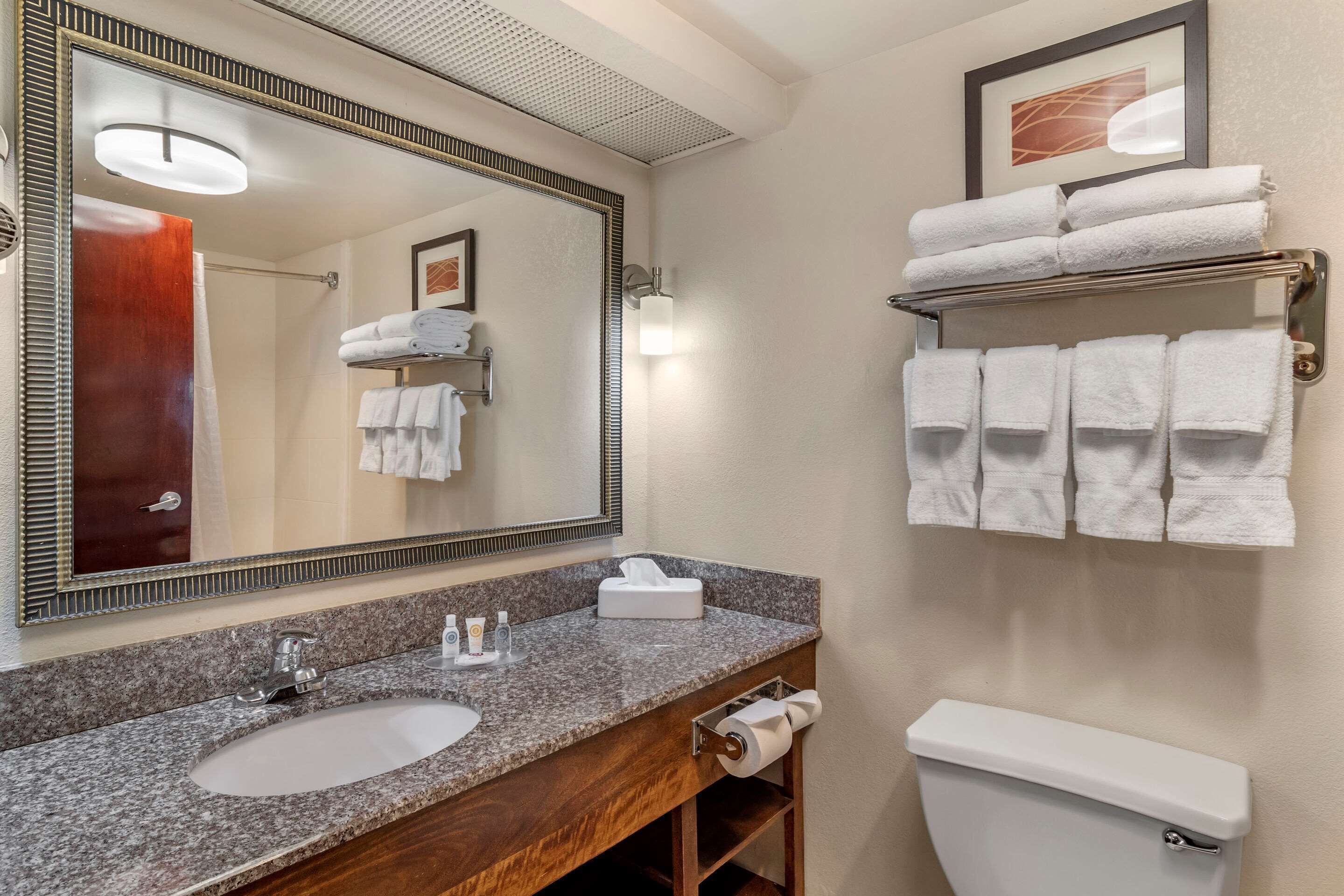A bathroom with a granite countertop sink, a mirror, a towel rack, and a toilet.