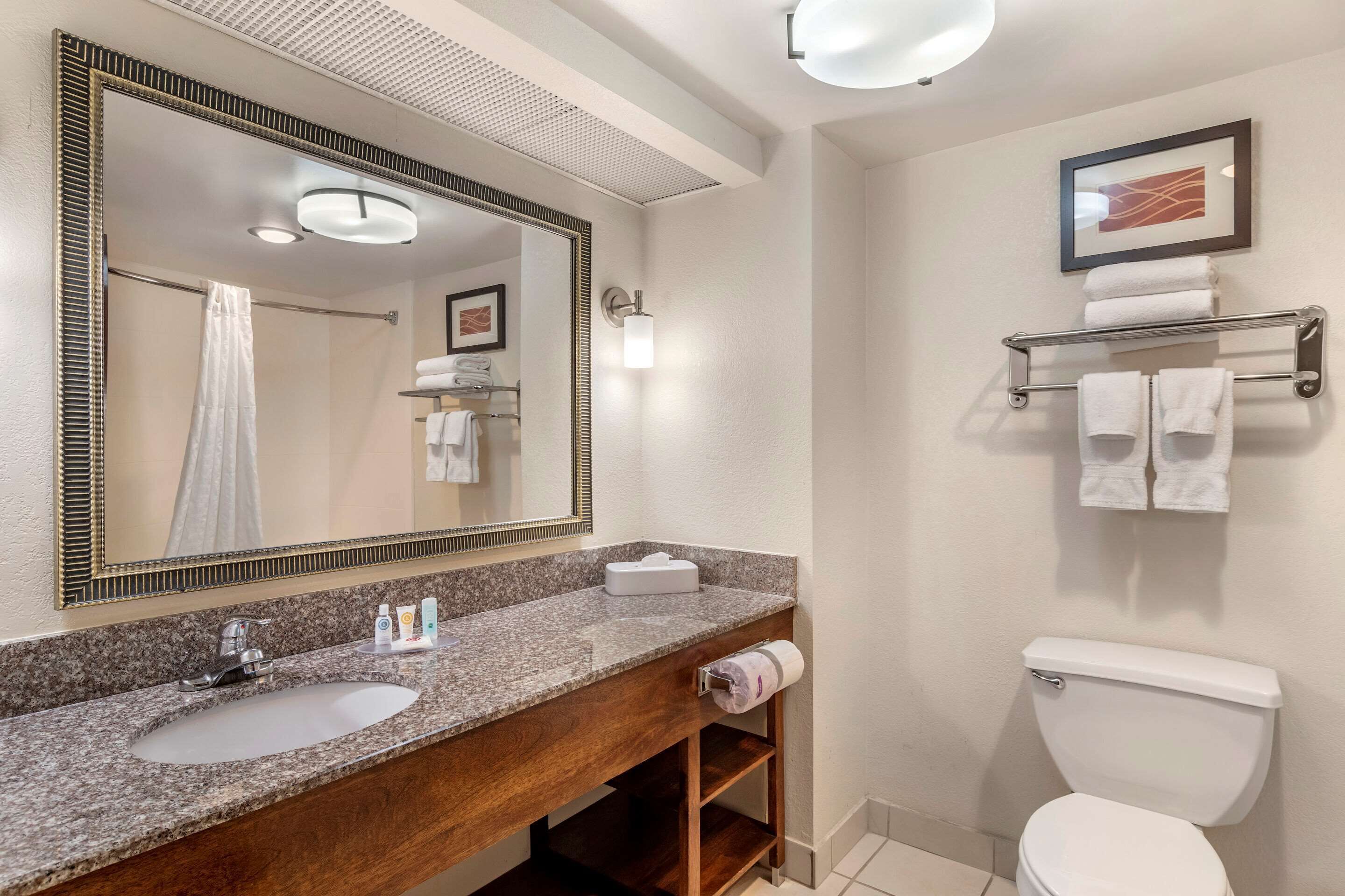 A modern bathroom with a granite countertop sink, a large mirror, a toilet, and a towel rack.