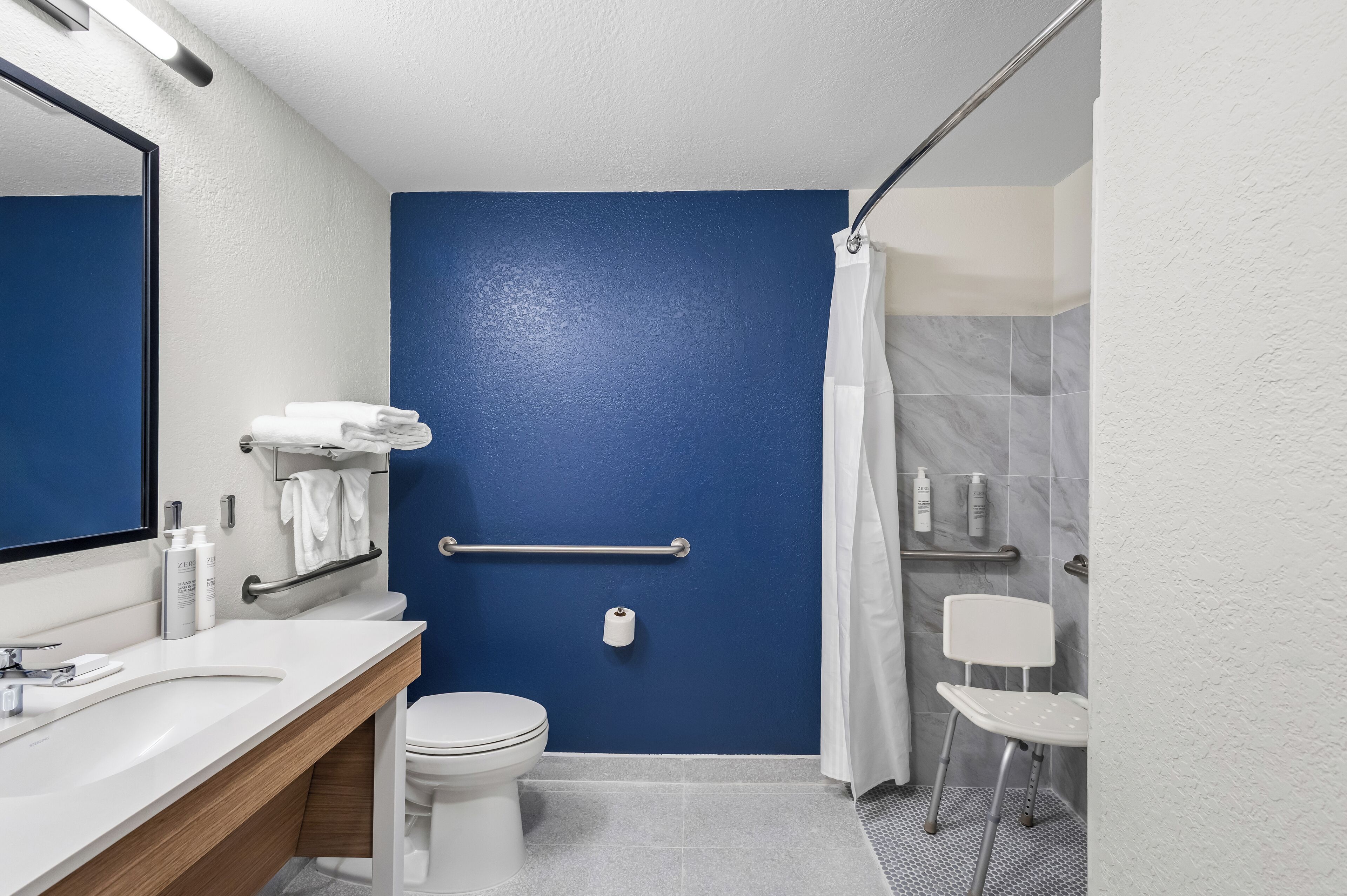 room, 1 king bed, accessible (roll-in shower) | bathroom | combined shower/bathtub, free toiletries, hair dryer, towels