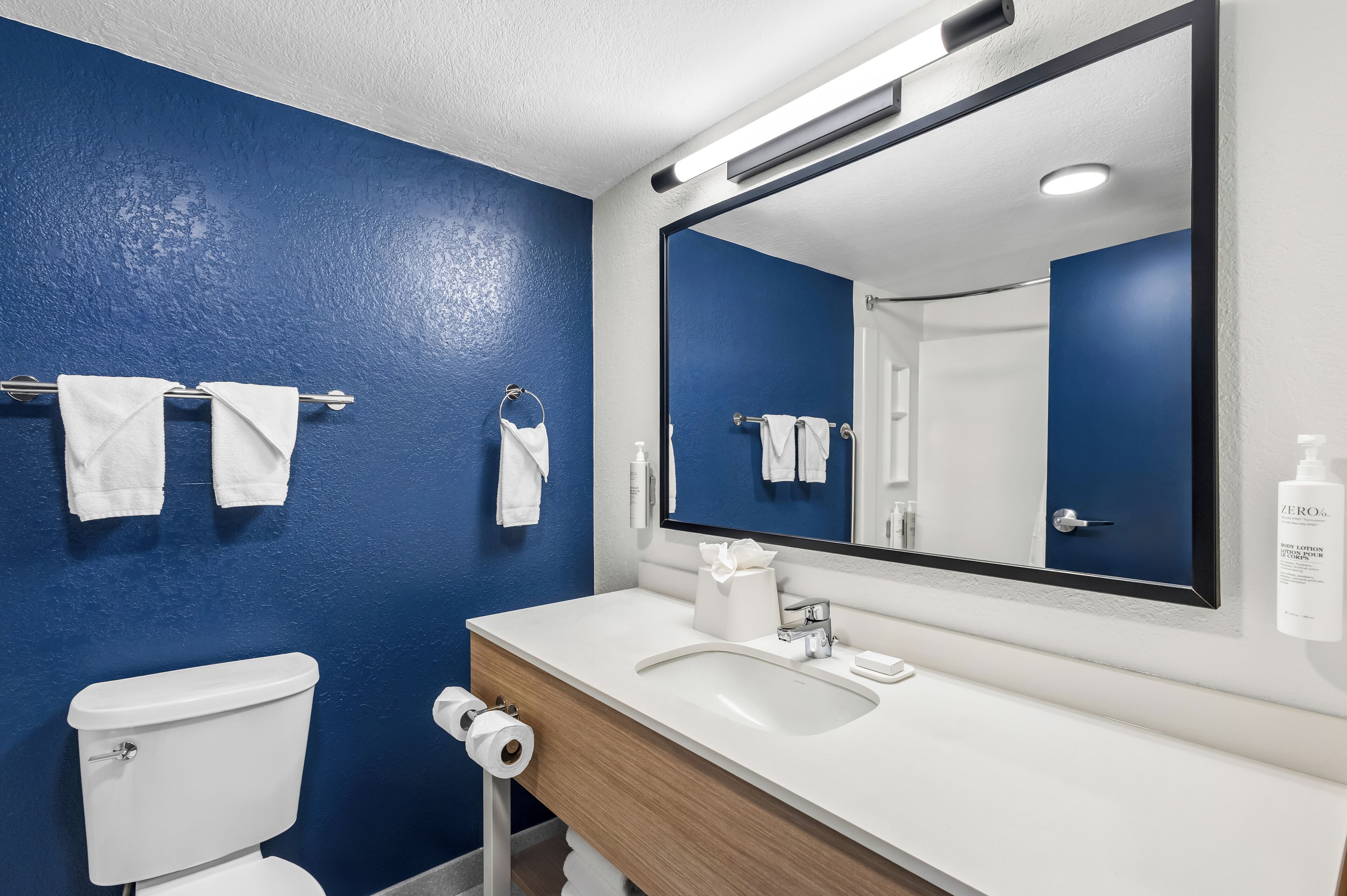 combined shower/bathtub, free toiletries, hair dryer, towels