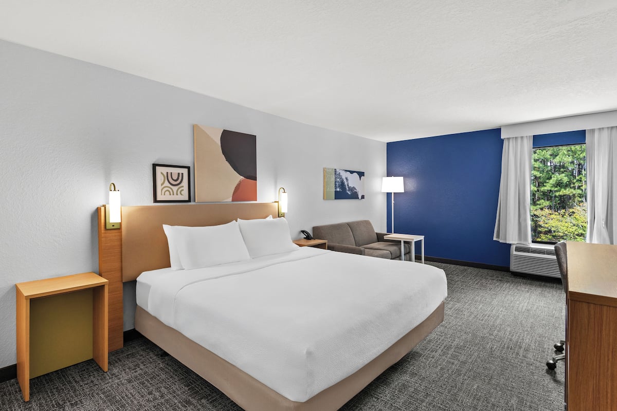 A hotel room with a large bed, a desk, a chair, and a view of greenery through the window.