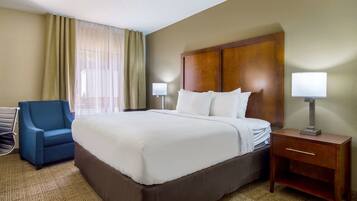 Premium bedding, desk, blackout curtains, iron/ironing board