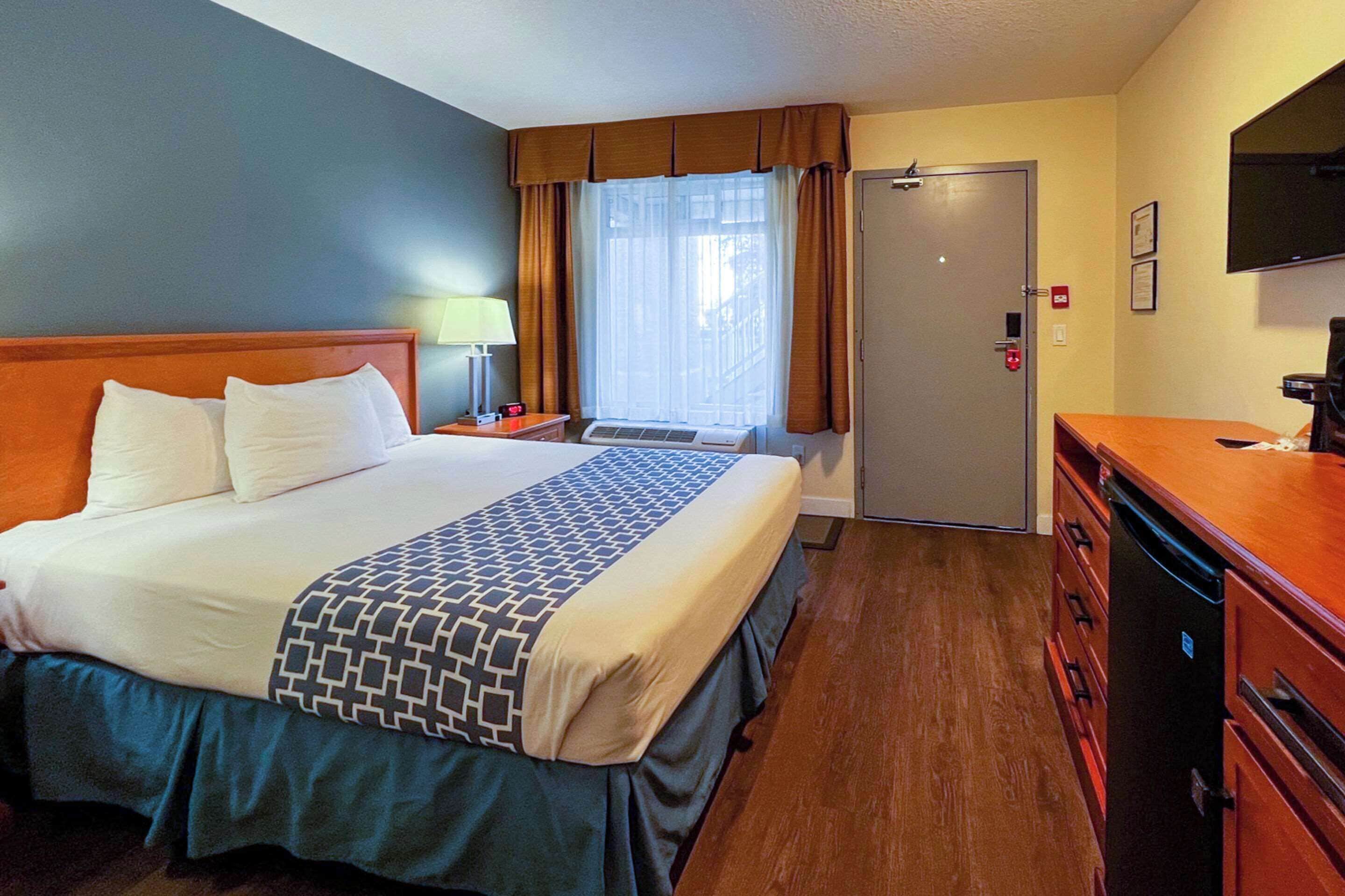 Una habitación de hotel con cama, escritorio, televisor, armario y una puerta.