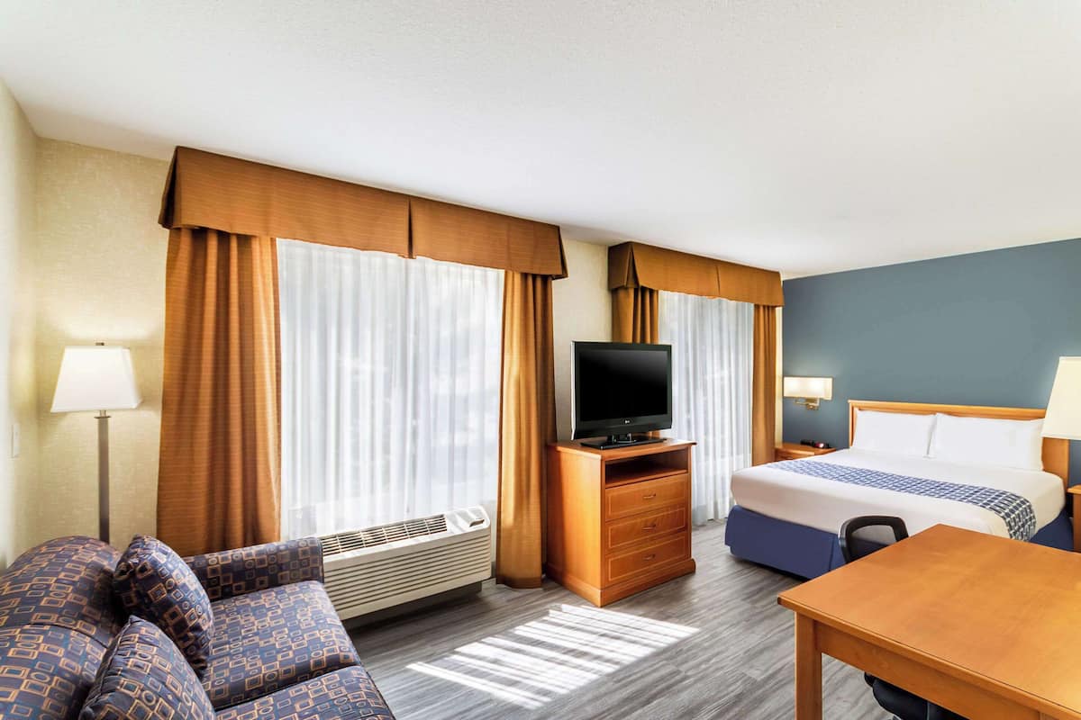 Une chambre d’hôtel avec un lit, un téléviseur posé sur un meuble en bois, un bureau, une chaise, un canapé et une lampe.