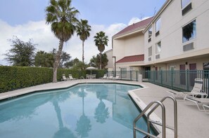 Una piscina al aire libre, sombrillas, tumbonas