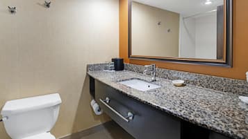 Un bagno con WC, lavandino, specchio e porta asciugamani.