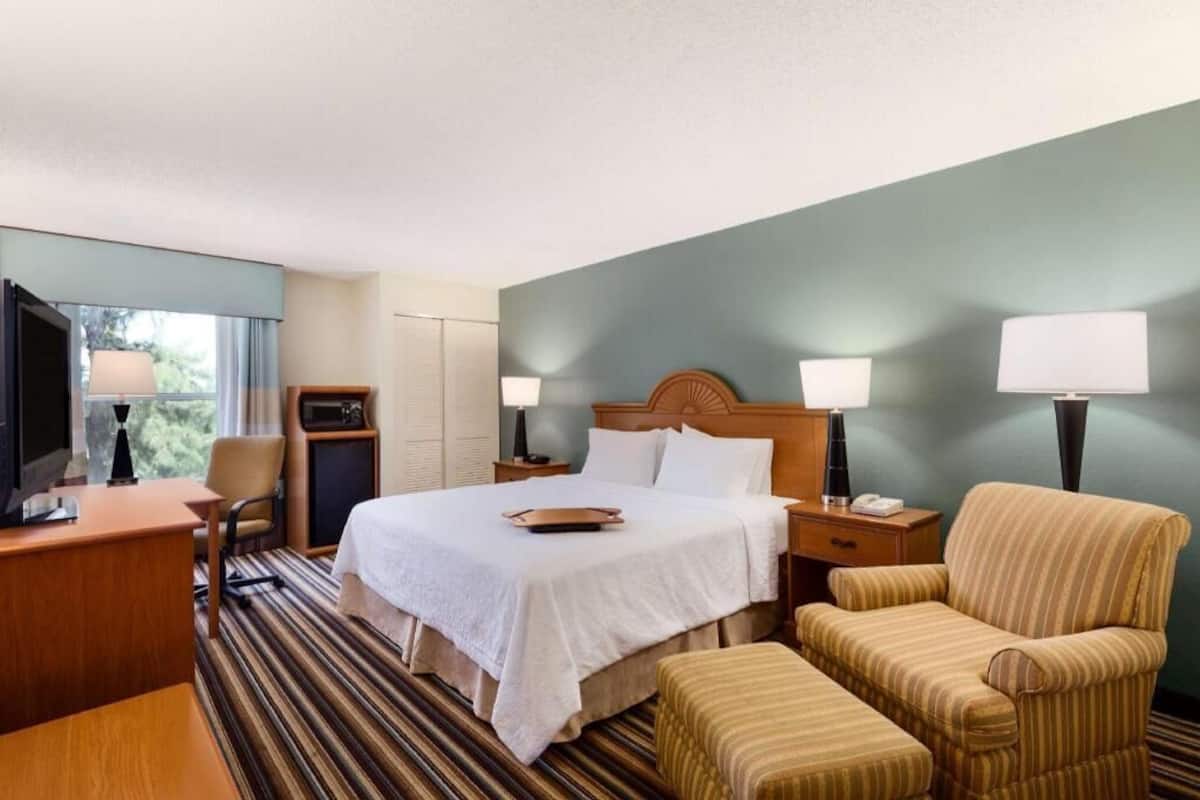 A hotel room with a bed, a desk, a chair, a TV, and a lamp.