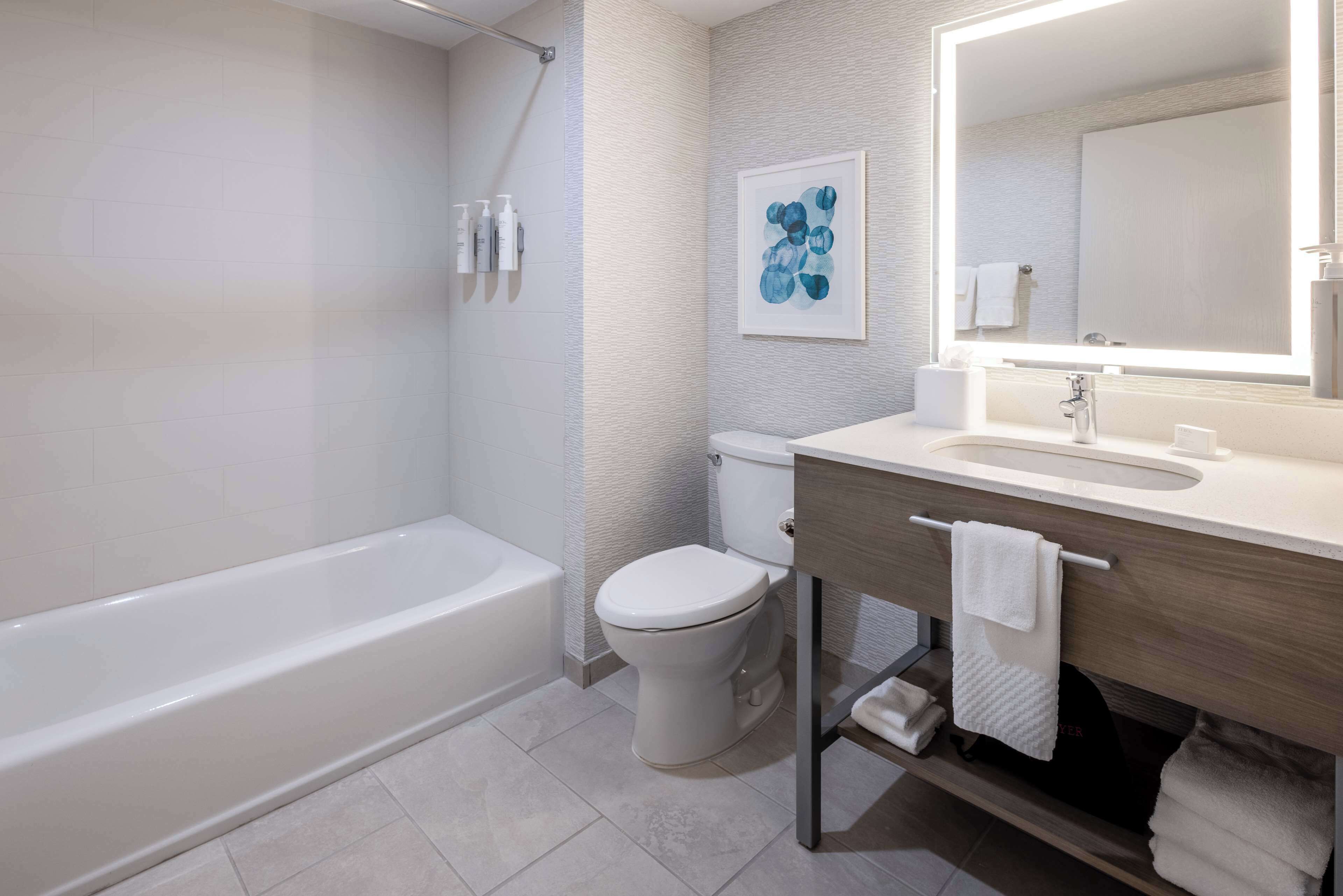 combined shower/bathtub, deep-soaking bathtub, free toiletries