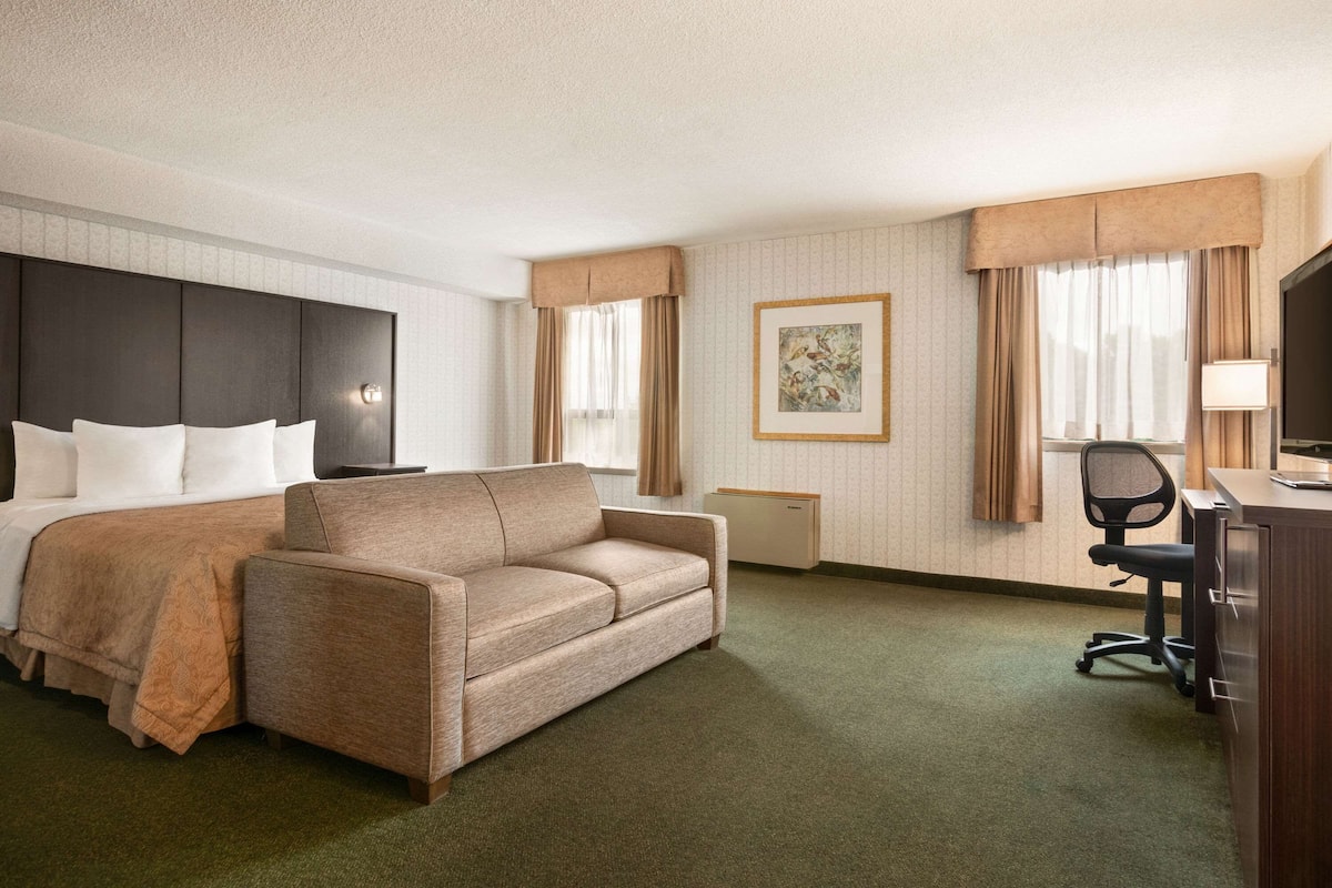 A hotel room with a bed, a sofa, a desk with a chair, and a television.