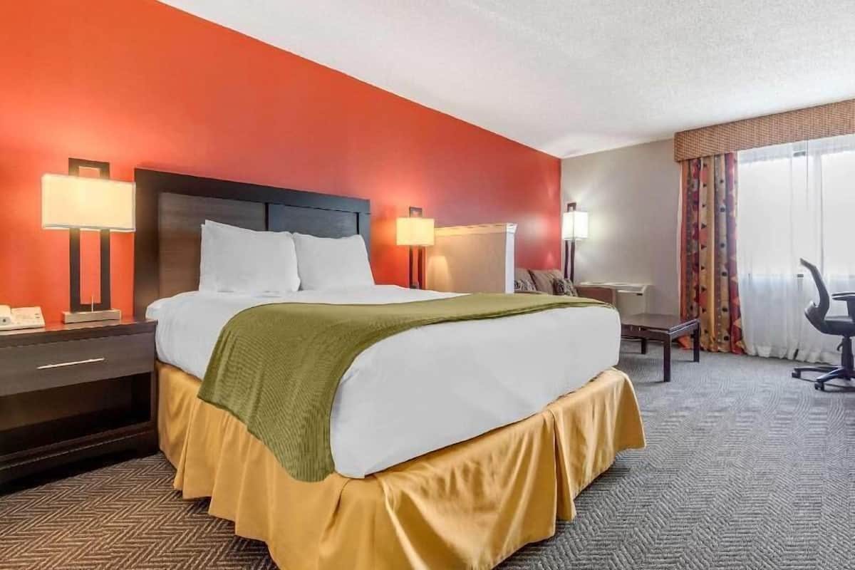 Down comforters, desk, blackout drapes, soundproofing