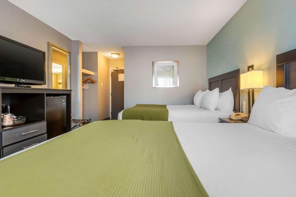 Down comforters, desk, blackout drapes, iron/ironing board