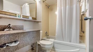 Un bagno con piano di lavoro in granito, un WC bianco, una vasca e una tenda da doccia.