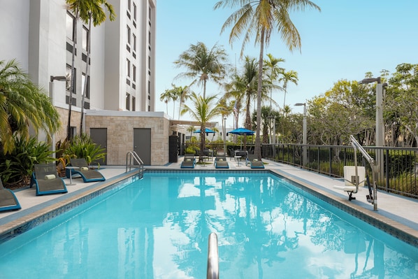 Outdoor pool, pool umbrellas, pool loungers