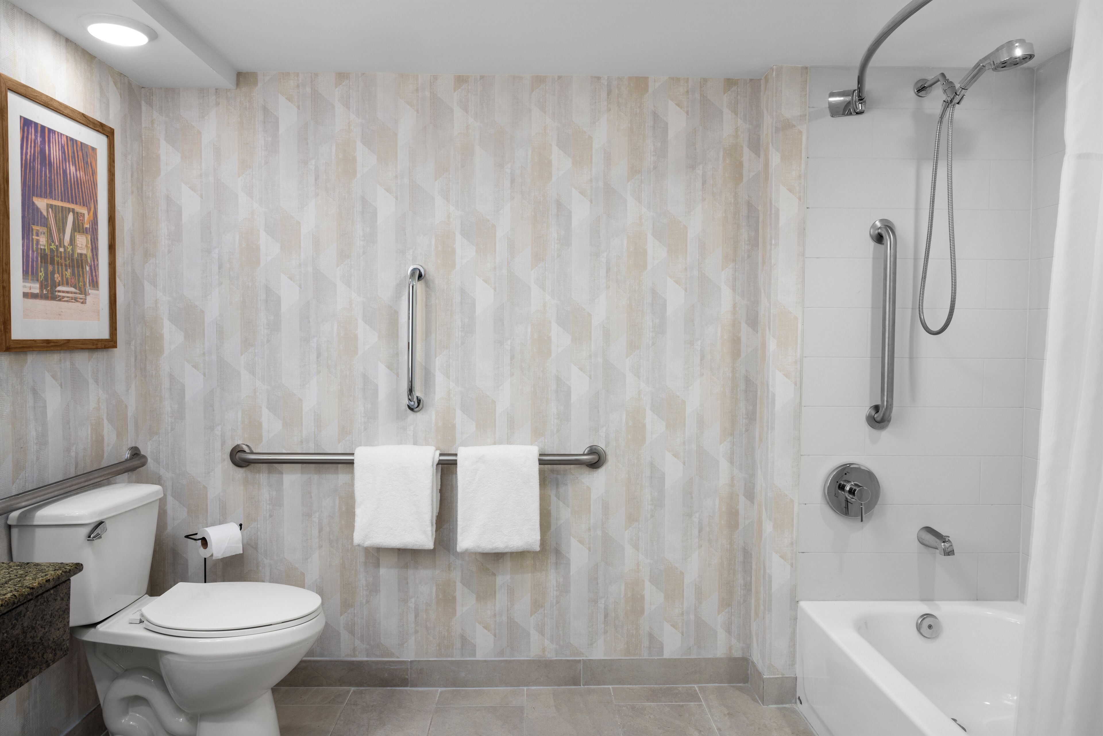 accessible room, 1 king bed (mobility bathtub) | bathroom | combined shower/bathtub, eco-friendly toiletries, hair dryer, towels