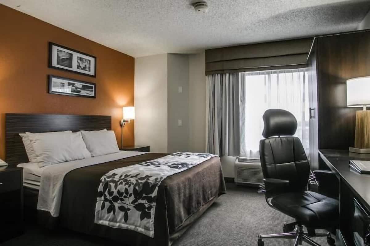 A hotel room with a bed, a desk, a chair, a TV, and a window with curtains.