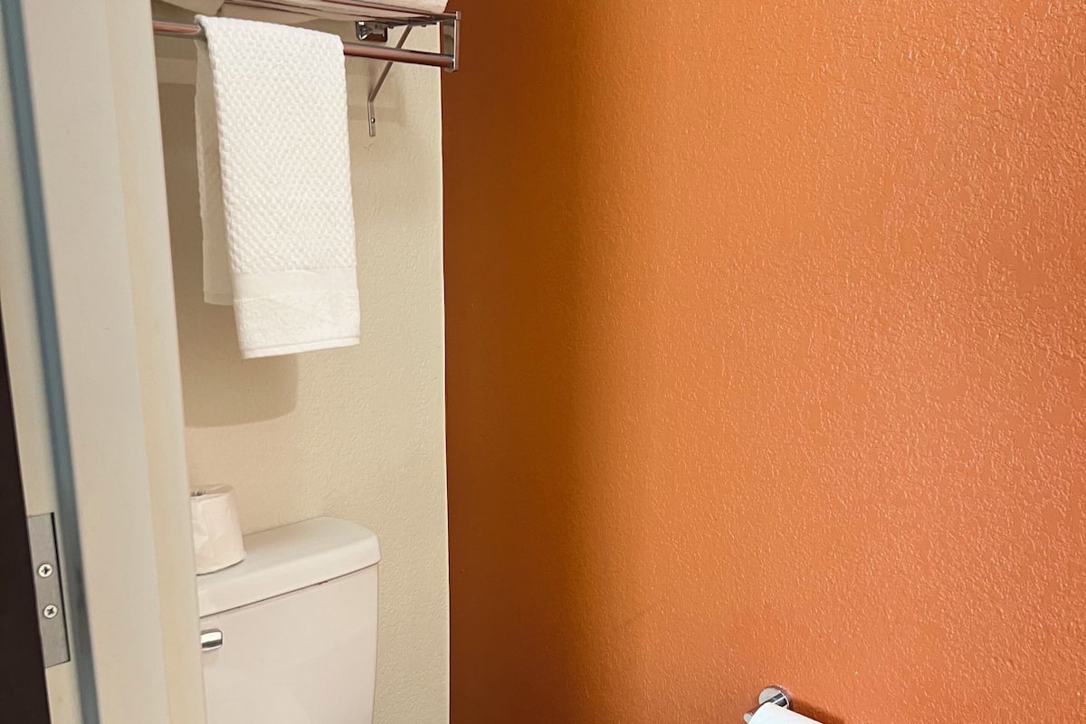 A bathroom with a white toilet, a towel rack with folded towels, and a toilet paper holder on the wall.