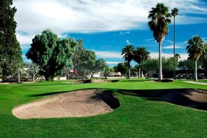 Een golfbaan met zandbunkers, palmbomen en een heldere lucht.