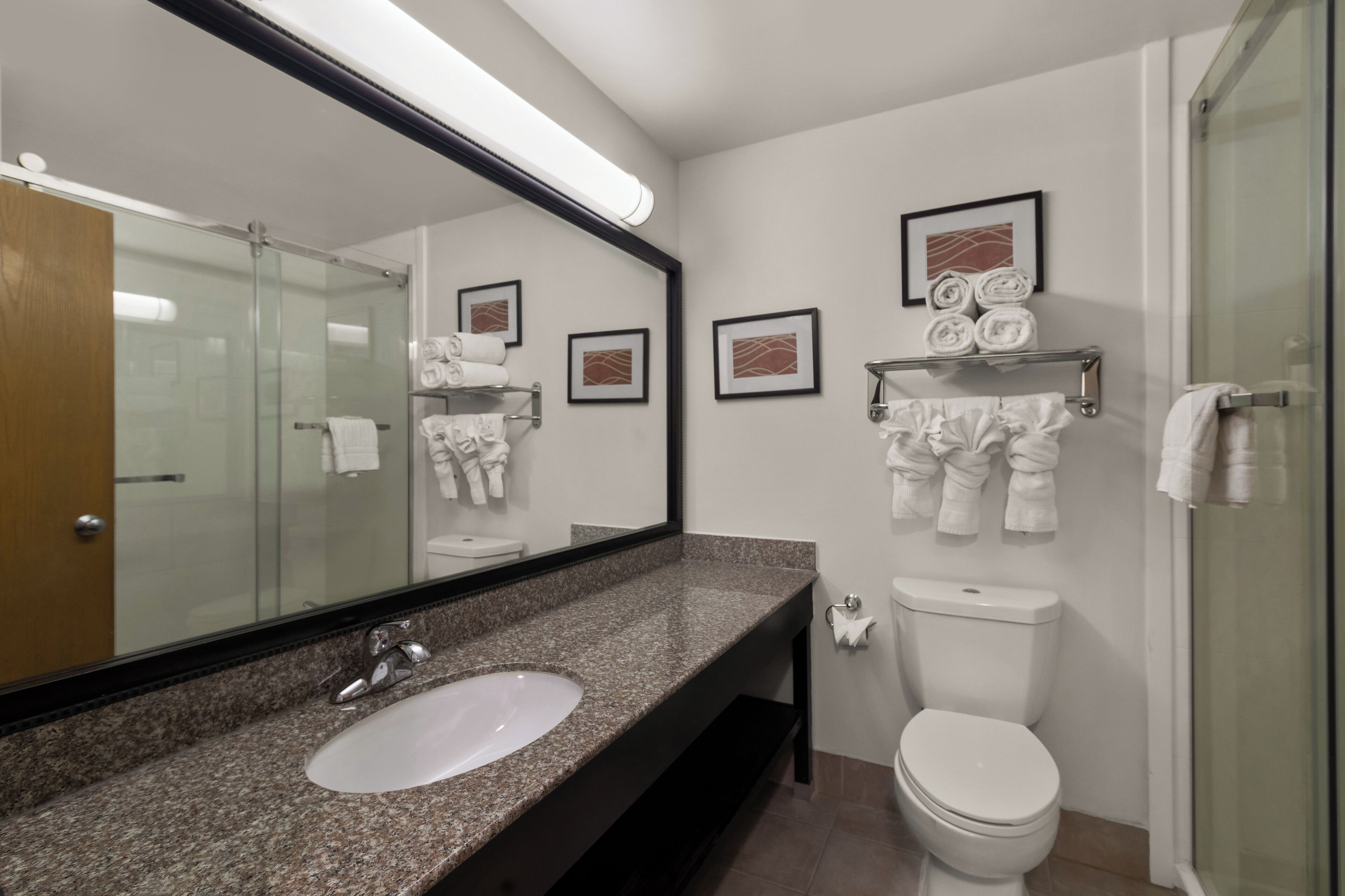 Combined shower/tub, free toiletries, hair dryer, towels