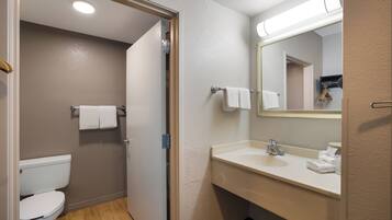 Une salle de bain équipée d’un WC, d’un lavabo, d’un miroir et d’un porte-serviettes.