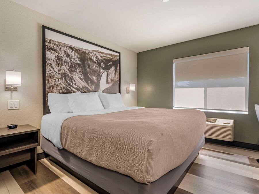 Une chambre d’hôtel moderne, dotée d’un grand lit, d’une table de chevet, d’une lampe fixée au mur et d’une fenêtre offrant une vue agréable.