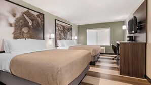 Habitación de hotel con dos camas, un escritorio, un televisor y obras de arte en las paredes.